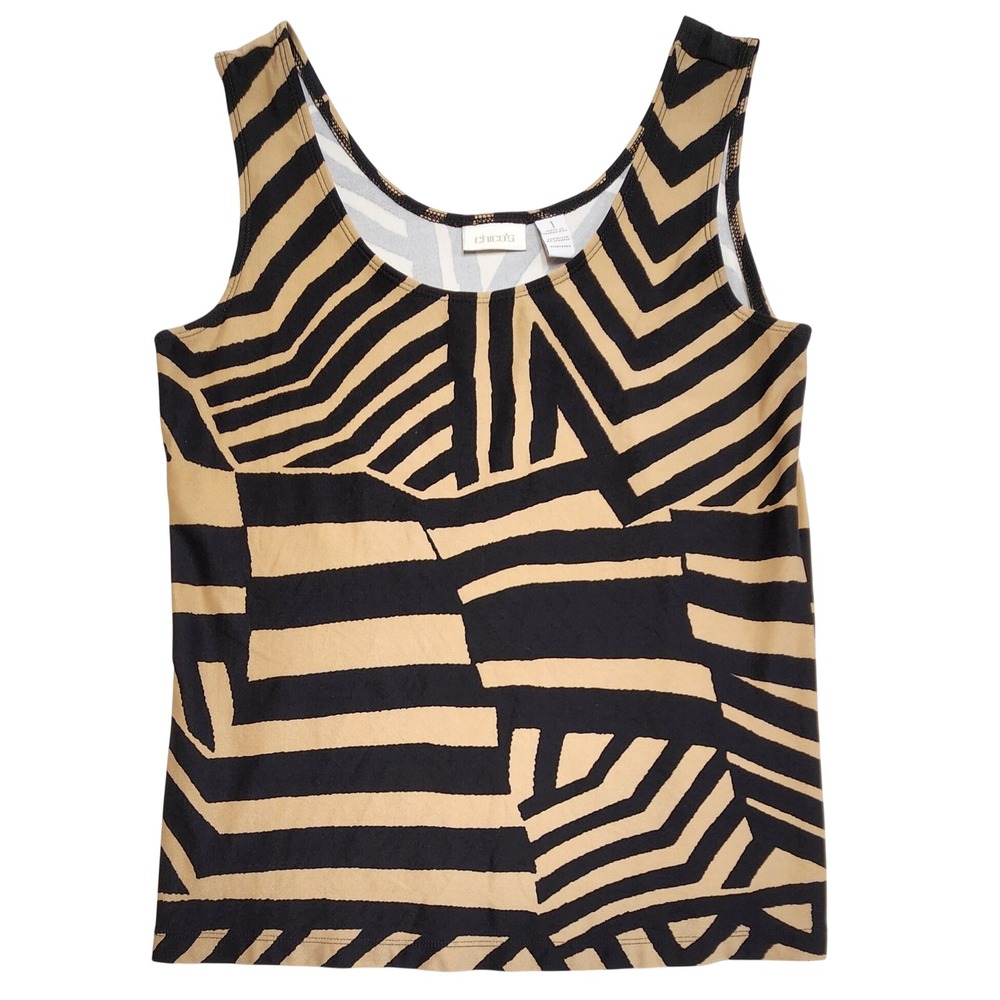 Chico's Geometric Abstract Tank Top Tan Black Sleeveless Scoop Neck Size 1 M